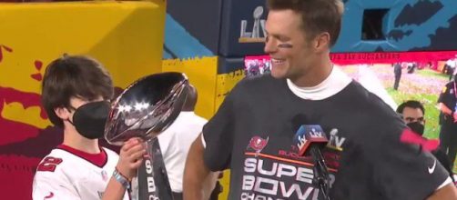 Brady shares a Super Bowl moment with son Jack (Image source: CBS/YouTube)