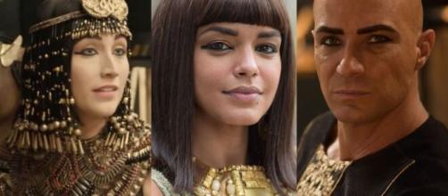 Kamesha atrapalhará a relação do faraó com a primeira esposa em 'Gênesis' (Fotomontagem/Reprodução/Record TV)