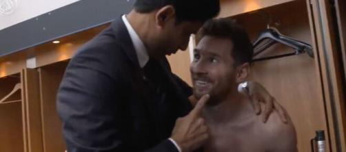 Leo Messi et Nasser Al-Khelaïfi heureux dans les vestiaires. (crédit Twitter PSG)