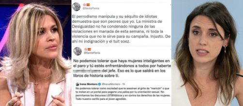 Ylenia critica en redes sociales a la ministra Irene Montero (Telecinco, Twitter y Wikimedia Commons)