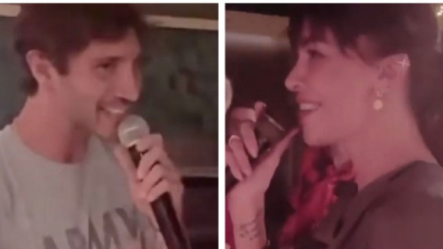 Belen Rodriguez e Stefano De Martino cantano insieme.