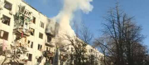 Fireball after Russian missile hits airport in western Ukraine. [Image source/BBC News YouTube video]