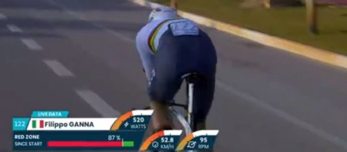 Filippo Ganna impegnato nella cronometro della Tirreno Adriatico.