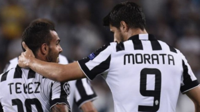 Tevez e Morata quando erano compagni di squadra alla Juventus.