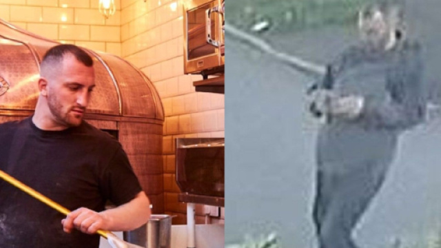 Carlo Giannini ucciso in Inghilterra, a destra il pizzaiolo nel momento in cui entra nel parco dove &egrave; stato trovato ucciso.