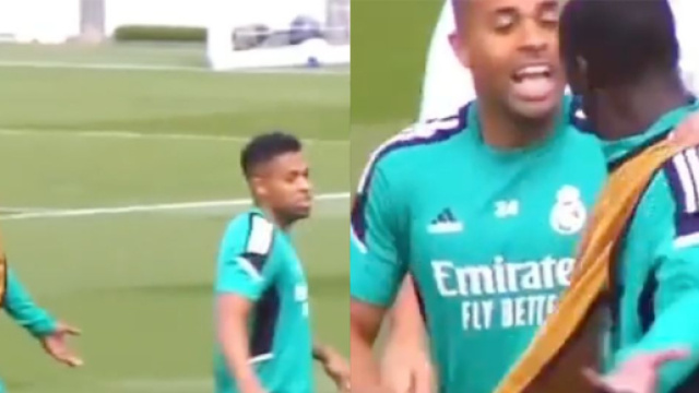 Ferland Mendy agacé par Mariano Diaz à l'entrainement du Real Madrid. (crédit Twitter)