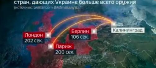La simulación del ataque nuclear contra las capitales europeas fue mostrado en un programa (Captura de pantalla de la televisión estatal rusa)