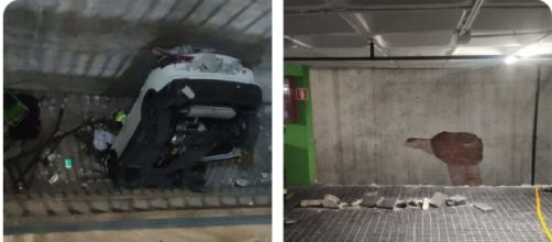 El coche quedó empotrado verticalmente en el hueco del patio interior - Twitter (@bcn-bombers)