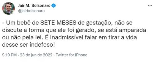 Bolsonaro fez postagens críticas à legislação que autoriza aborto em caso de estupro (Reprodução/Twitter)