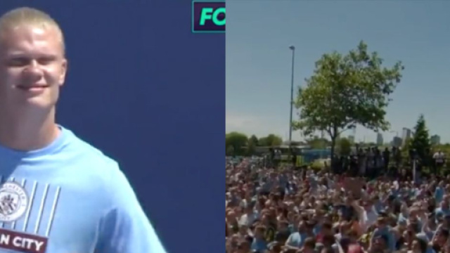 Erling Haaland devant les fans de City ce dimanche. (crédit Twitter Manchester City)