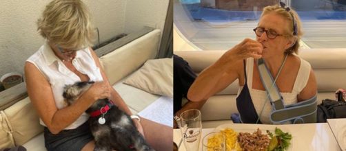 Mercedes Milá, con el brazo en cabestrillo, extraña a su perro Scott (Instagram @mercedesmila)