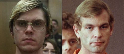 Evan Peters interpretando Jeffrey Dahmer (à esq.) e imagem de arquivo do "canibal americano" (à dir.) (Fotomontagem)