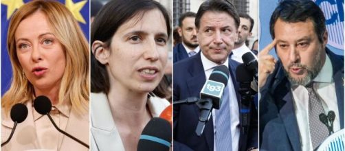 Sondaggi elettorali: in foto Meloni, Schlein, Conte e Salvini.