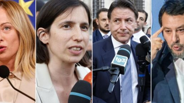 Sondaggi elettorali: in foto Meloni, Schlein, Conte e Salvini.