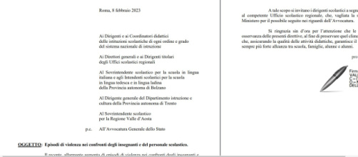 Nota Valditara episodi di violenza su docenti e personale scolastico, intervento Avvocatura Generale dello Stato.