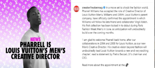 Pharrell Williams devient le directeur artistique de Louis Vuitton [Instagram] @sneakerfreakermag