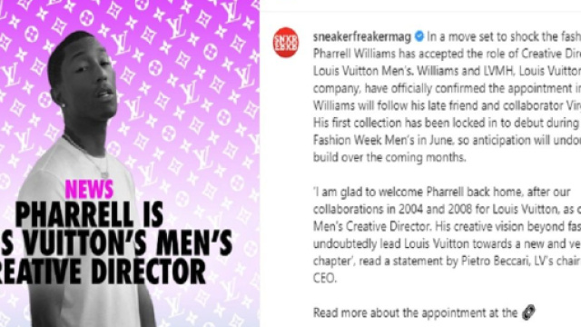 Pharrell Williams devient le directeur artistique de Louis Vuitton [Instagram] @sneakerfreakermag