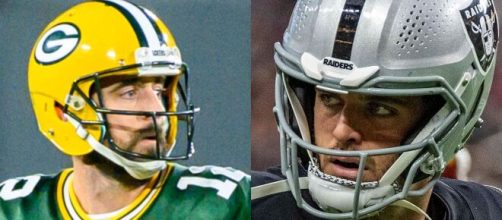 Aaron Rodgers and Derek Carr (Image source: Elvis Kennedy/Flickr/All-Pro Reels/Wikimedia Commons)