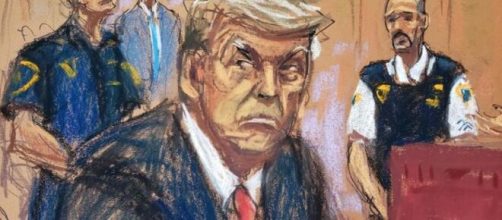 Jane Rosenberg's courtroom sketch of Donald Trump on April 4, 2023 (Image source: Jane Rosenberg)