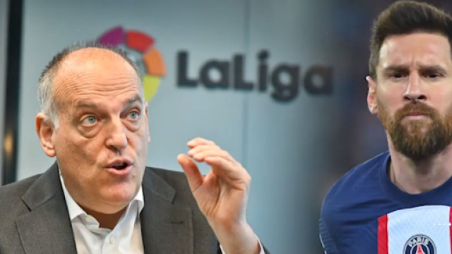 Javier Tebas a, notamment, évoqué le retour complexe de Messi et sa relation avec le président du PSG. (screenshoot twitter @AfterRMC)