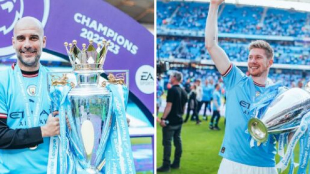 Pep Guardiola et Kevin De Bruyne couronné ce dimanche 21 mai à l'Etihad Stadium (Screenshot de @ManCity au 23 mai 2023)