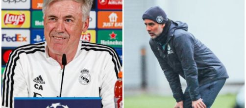 Ancelotti en entretien, Guardiola à l'entraînement (Screenshot de @realmadridfra et @ManCity au 09 mai 2023)