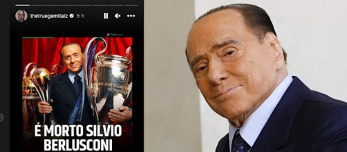 A sinistra una delle stories del rapper Gemitaiz, a destra Silvio Berlusconi.