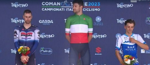 Campionati italiani di ciclismo, il podio della cronometro vinta da Filippo Ganna.