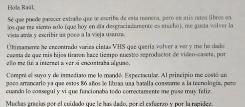 Carta de un hombre de 86 años (Guillermo Camino) al vendedor que le envío un reproductor de videocasete (Twitter/Rauwmanuewbb)