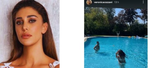 Belen Rodriguez in vacanza con Elio: mamma Veronica li paparazza in piscina.