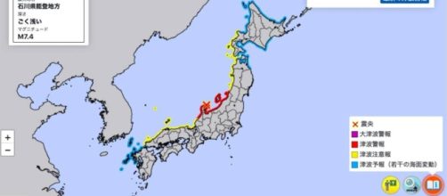 Terremoto in Giappone: la mappa dell'allerta Tsunami, poi rientrata.