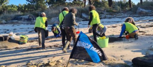 Las personas recogen los pellets de plástico en los arenales (X, @greenpeace_esp)
