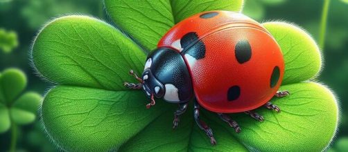 Coccinella su quadrifoglio portafortuna - © Bing IA.