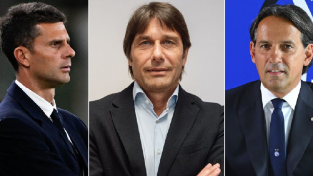 Thiago Motta, tecnico della Juve Foto &copy; Juve. Antonio Conte, tecnico del Napoli. Foto &copy; Napoli. Simone Inzaghi, tecnico dell'Inter. Foto &copy; Inter