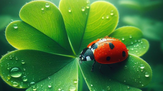 Coccinella su quadrifoglio portafortuna - &copy; Bing IA.