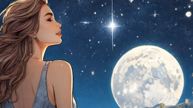 Donna ammira le stelle con luna piena sullo sfondo © Pixabay