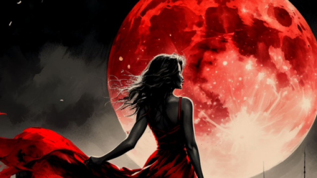 Fantasy, donna e luna in rosso - &copy; Pixabay.