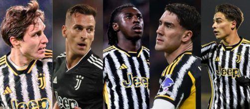 Juventus, i numeri dell'attacco preoccupano: appena 22 i gol segnati dai 5 attaccanti. In foto Chiesa, Milik, Kean, Vlahovic e Yildiz..