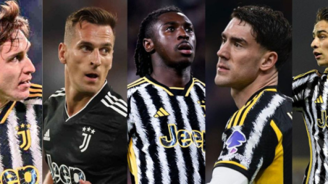 Juventus, i numeri dell'attacco preoccupano: appena 22 i gol segnati dai 5 attaccanti. In foto Chiesa, Milik, Kean, Vlahovic e Yildiz..