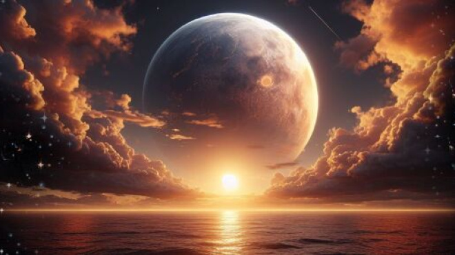 Tramonto con luna piena - © Foto Bing IA