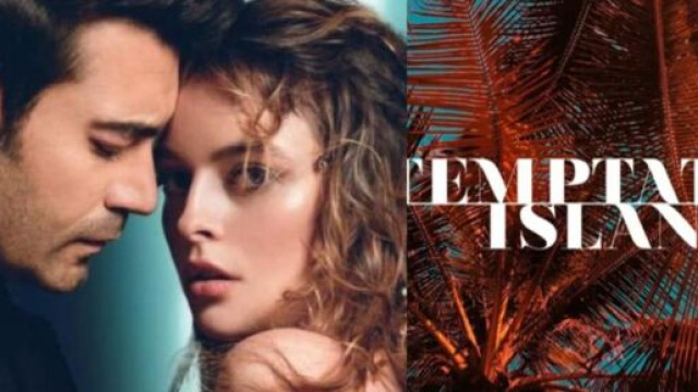 In foto Murat Unalmis, Melis Sezen e il logo di Temptation Island, © Mediaset