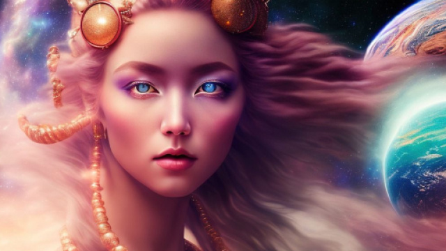 Donna con gli occhi azzurri e pianeti © Immagine Pixabay.