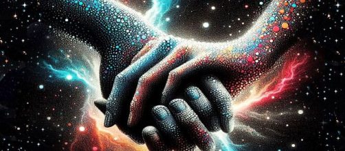 Mani d'amore nell'universo stellato © Foto Bing IA.