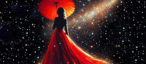 Donna in rosso tra le stelle - Foto generata con © Bing IA.