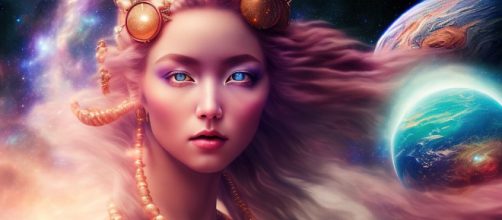 Donna con gli occhi azzurri e pianeti. Immagine © Pixabay