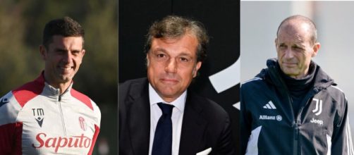 Thiago Motta, allenatore del Bologna. Foto © Bologna FC. Cristiano Giuntoli, ds e Massimiliano Allegri della Juventus. Foto © Juventus