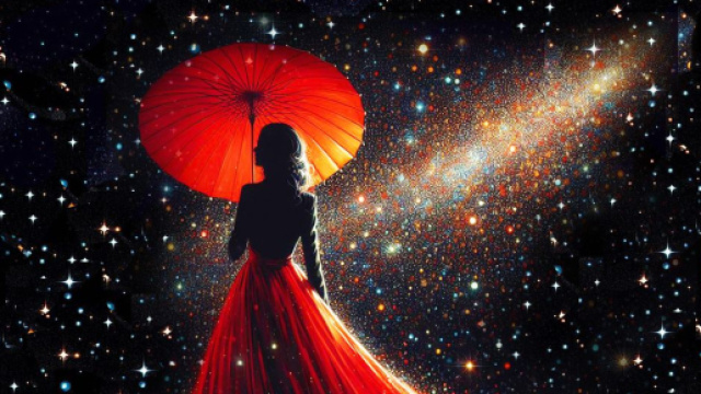 Donna in rosso tra le stelle - © Foto Bing IA