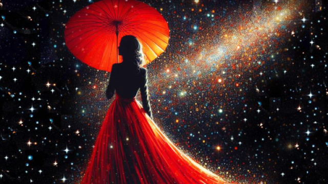 Donna in rosso a passeggio tra le stelle - © Foto Bing IA