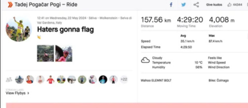 L'attività di Tadej Pogacar segnalata su Strava - © Strava