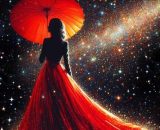 Donna sotto le stelle con ombrellino rosso - © Foto Bing IA.